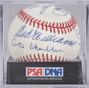 Hall of Famers Multi Signed OAL Brown Baseball With 7 Signatures Including Williams & DiMaggio (PSA/DNA MINT 9)